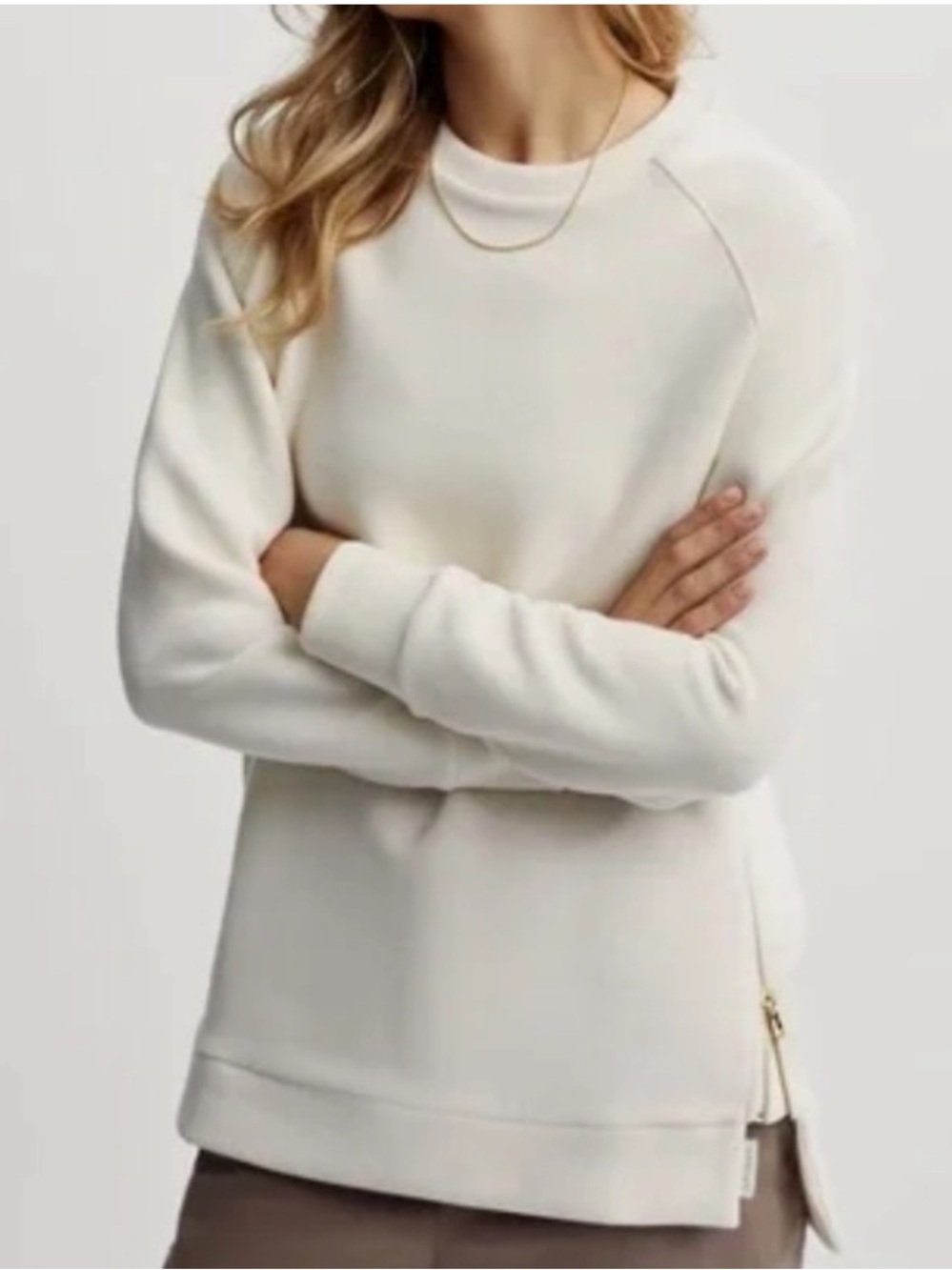 Varley Manning Sweat Boxy Crewneck Ribbed Pullover Side Zippers Sweatshirt Ivory